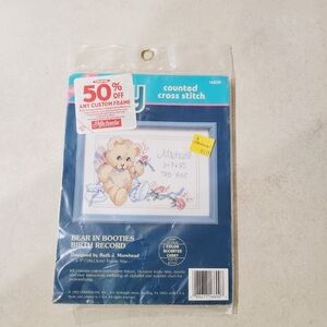 Sunset Jiffy Bear in Booties Baby Birth Record counted cross stitch kit NEW